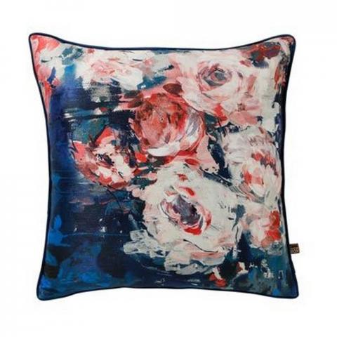 Gigi Floral Painterly Cushion in Navy Blue and Pink