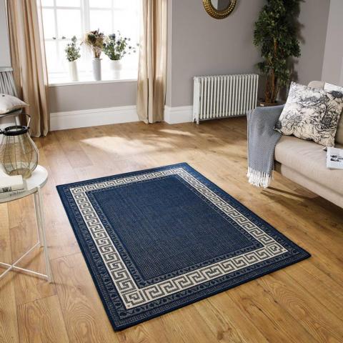 Greek Key Flatweave Anti Slip Rugs in Blue