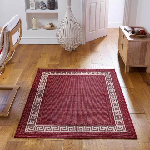 Greek Key Flatweave Anti Slip Rugs in Red