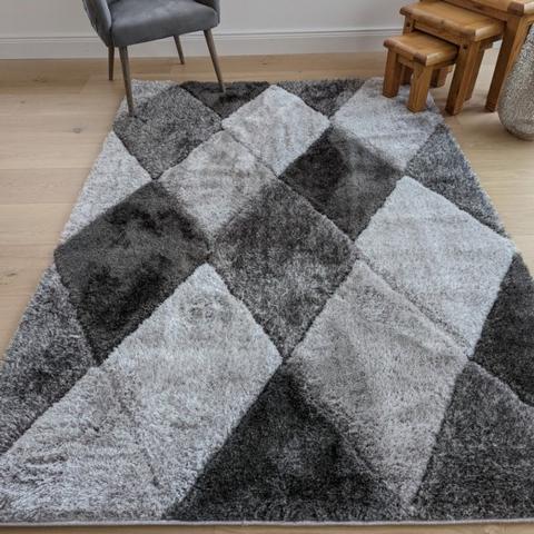 Grey Carved Diamonds Shaggy Rug - Verge - Grey / 230cm