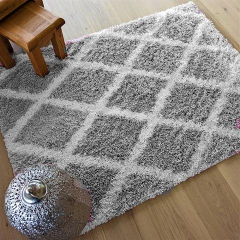 Grey Shaggy Moroccan Trellis Rug - Oslo - Grey / 150cm