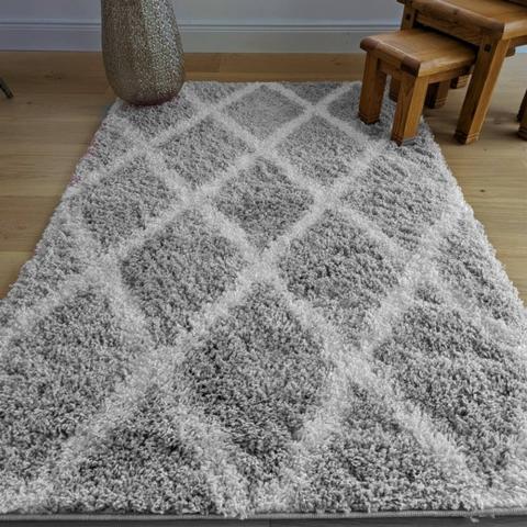 Grey Shaggy Moroccan Trellis Rug - Oslo - Grey / 170cm