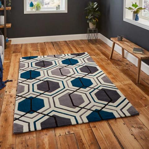 Hong Kong 7526 Grey Navy Geometric Rug 