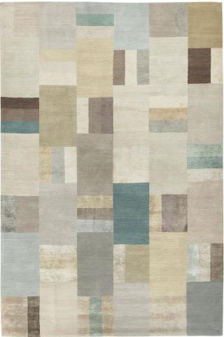 Hue Pale Geometric 3.05x2.13m/10'x7' Neutral/Grey/Pale Neutral Wool & Silk Geometric rug by The Rug Company, Handknotted Tibetan wool and silk