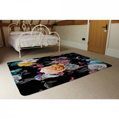 Humming Bird, Roses, Peony With Leaves Designer Rug - Black / 230cm