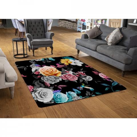 Humming Bird, Roses, Peony With Leaves Designer Rug - Black / 110cm