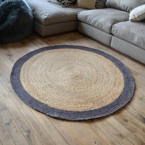 Jute Bordered Circle Rugs in Grey