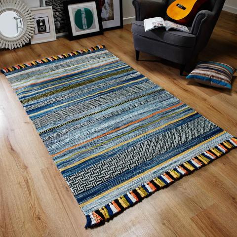 Kelim Striped Rugs in Blue