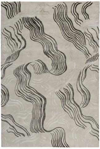 Kelly Wearstler Wake 2.74x1.83m/9'x6' Grey Abstract Wool & Silk Abstract rug by The Rug Company, Handknotted Tibetan wool and silk