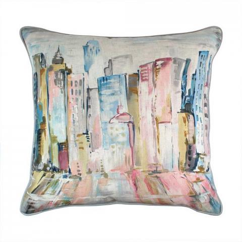 Latitude Painterly City Cushion in Pink and Blue