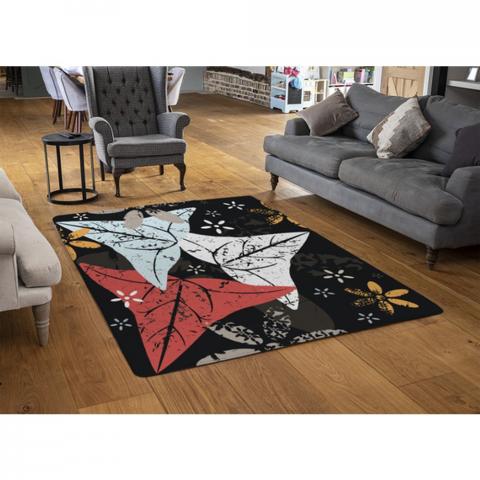 Leaves And Flowers. Autumn Pattern Designer Rug - Black / 110cm