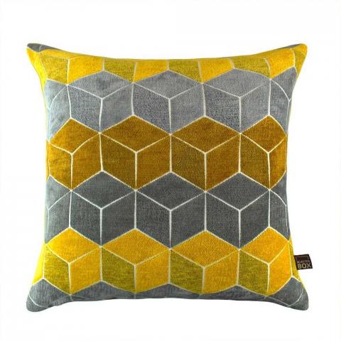 Lennox Geometric Cube Cushion in Grey Yellow