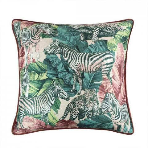 Madagascar Jungle Cushion in Blush Pink and Teal Blue