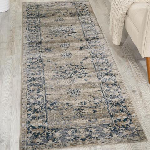 Malta Hallway Runners MAI05 by Kathy Ireland in Ivory and Blue