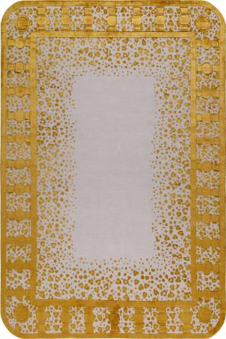 Martin Brudnizki Folly Gold Wool & Silk Bordered 3.66 x 2.74m / 12' x 9' Rug by The Rug Company, Handknotted Tibetan wool & silk