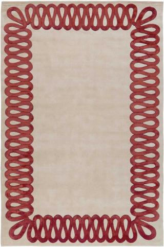 Martin Brudnizki Ruffle Rouge Red & Beige Wool & Silk Bordered 2.74 x 1.83m / 9' x 6' Rug by The Rug Company, Handknotted Tibetan wool & silk