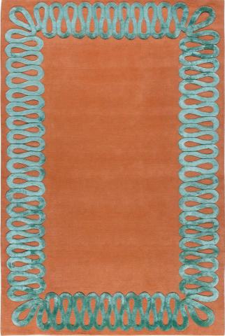 Martin Brudnizki Ruffle Sage Orange & Green Wool & Silk Bordered 3.66 x 2.74m / 12' x 9' Rug by The Rug Company, Handknotted Tibetan wool & silk