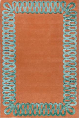 Martin Brudnizki Ruffle Sage Orange & Green Wool & Silk Bordered 2.74 x 1.83m / 9' x 6' Rug by The Rug Company, Handknotted Tibetan wool & silk