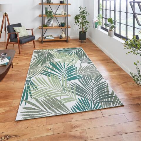 Miami 19433 Indoor Outdoor Botanical Leaf Rug in Green Light Beige