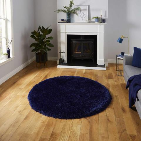 Montana Shaggy Round Circle Rugs in Dark Navy Blue