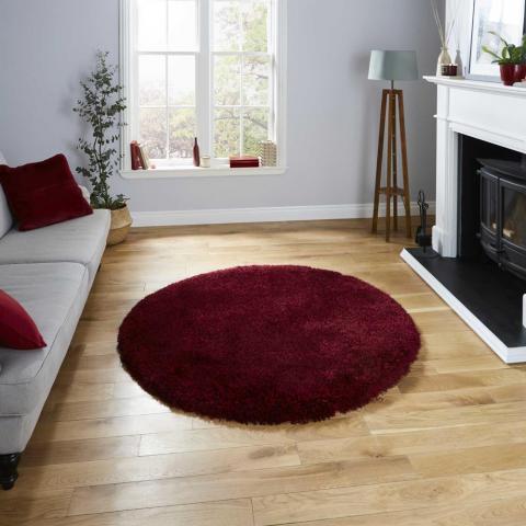 Montana Shaggy Round Circle Rugs in Dark Red