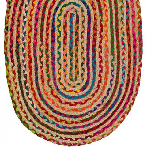 Multi Cotton Chindi  Jute Oval Rug - 90 x 60cm - Multicoloured