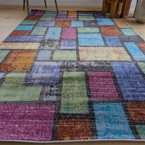 Multicoloured Patchwork Flatweave Rug - Capella - Blue / 220cm