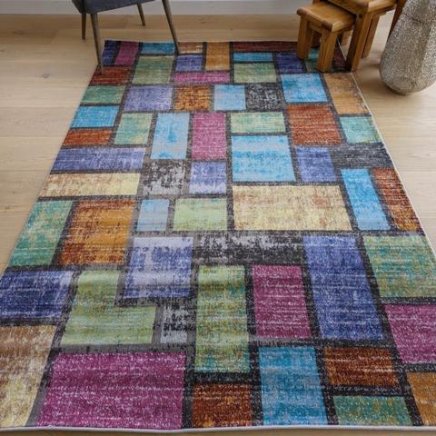 Multicoloured Patchwork Flatweave Rug - Capella - Blue / 160cm