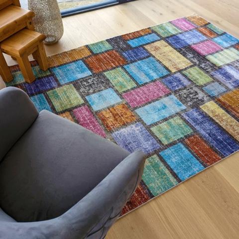 Multicoloured Patchwork Flatweave Rug - Capella - Blue / 150cm