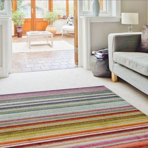 Multicoloured Wool Look Striped Rug - Perth - Pink / 170cm