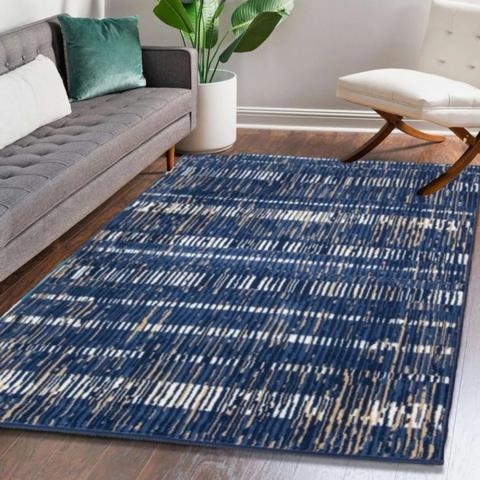 Navy and Ochre Scandi Area Rug - Blue / 150cm