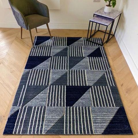 Navy Blue Geometric Area Rug - Boston - Blue / 110cm / 3kg