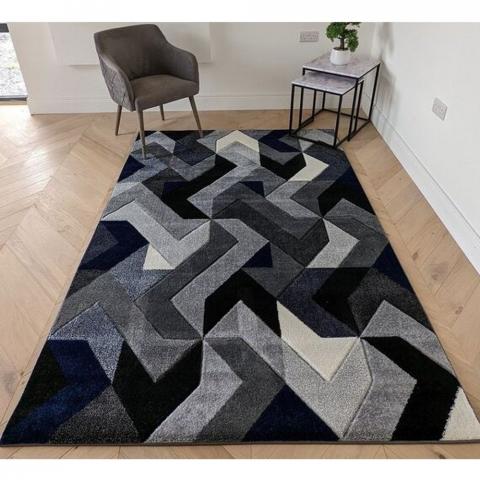 Navy Blue Herringbone Area Rug - Boston - Blue / 170cm / 4kg