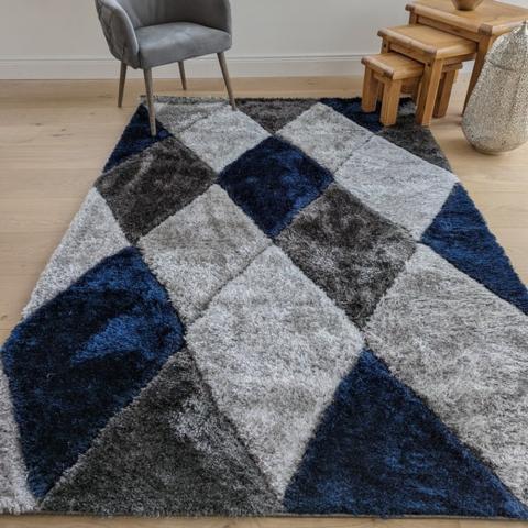 Navy Carved Diamonds Shaggy Rug - Verge - Blue