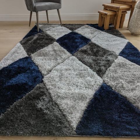 Navy Carved Diamonds Shaggy Rug - Verge - Blue