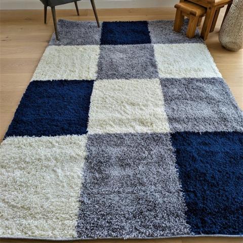 Navy Patchwork Shaggy Rug - Oslo - Blue / 170cm