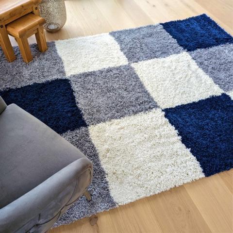 Navy Patchwork Shaggy Rug - Oslo - Blue / 150cm