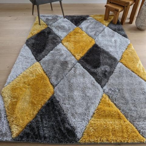 Ochre Carved Diamonds Shaggy Rug - Verge - Yellow / 230cm