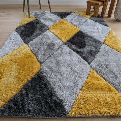 Ochre Carved Diamonds Shaggy Rug - Verge - Yellow / 170cm