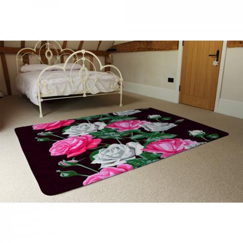 Pattern Of Pink And White Flowers Designer Rug - Black / 230cm