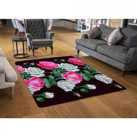 Pattern Of Pink And White Flowers Designer Rug - Black / 110cm