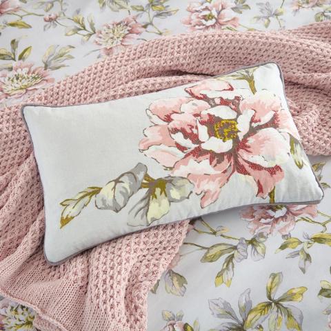 Peony Blossom Embroidered Floral Cushion By V&A in Silver