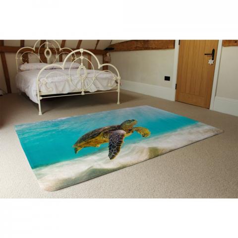 Photo Of Sea Turtle In The Galapagos Island Designer Rug - Blue / 230cm