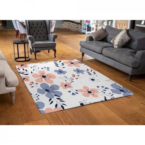 Pink  Blue Flowers Designer Rug - White / 110cm