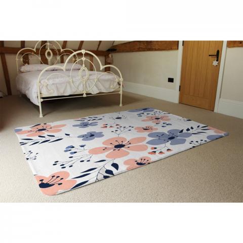 Pink  Blue Flowers Designer Rug - White / 230cm