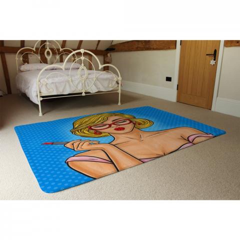 Pop Art Illustration Woman Paints Her Lips Designer Rug - Blue / 230cm