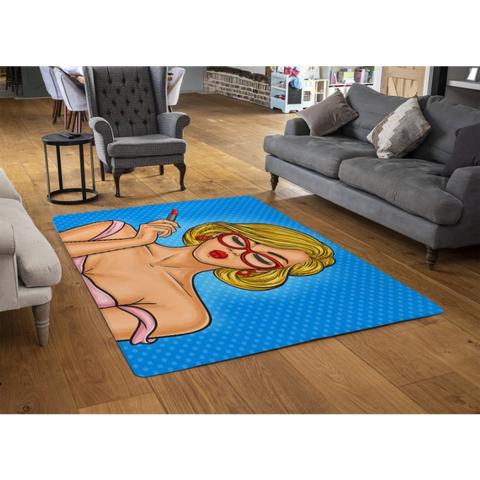 Pop Art Illustration Woman Paints Her Lips Designer Rug - Blue / 110cm