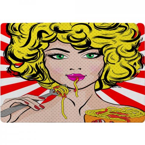 Pop Art Young Woman Eating Spaghetti Designer Rug - Red / 200cm