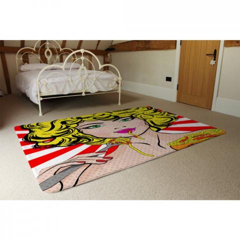 Pop Art Young Woman Eating Spaghetti Designer Rug - Red / 230cm