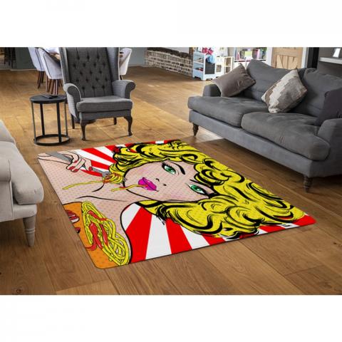 Pop Art Young Woman Eating Spaghetti Designer Rug - Red / 110cm